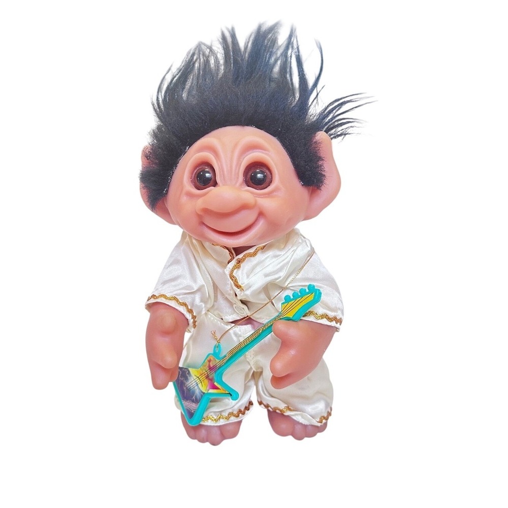 Vintage Russ Berrie Elvis Rock Star Troll Doll White Jumpsuit Guitar 11 Inch